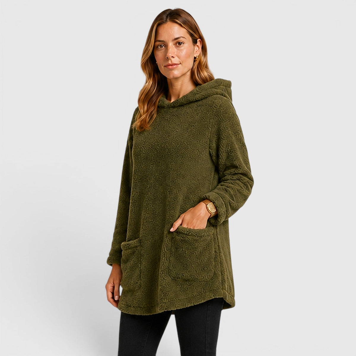 Sudadera de Forro Polar Borreguito Verde Oliva Cómoda para Mujer con Capucha de Cordón, Manga Larga, Bolsillo Canguro y Estilo Túnica