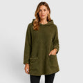 Sudadera de Forro Polar Borreguito Verde Oliva Cómoda para Mujer con Capucha de Cordón, Manga Larga, Bolsillo Canguro y Estilo Túnica