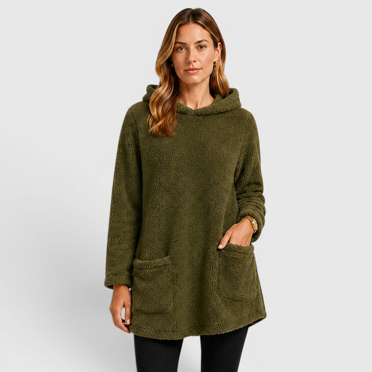 Sudadera de Forro Polar Borreguito Verde Oliva Cómoda para Mujer con Capucha de Cordón, Manga Larga, Bolsillo Canguro y Estilo Túnica