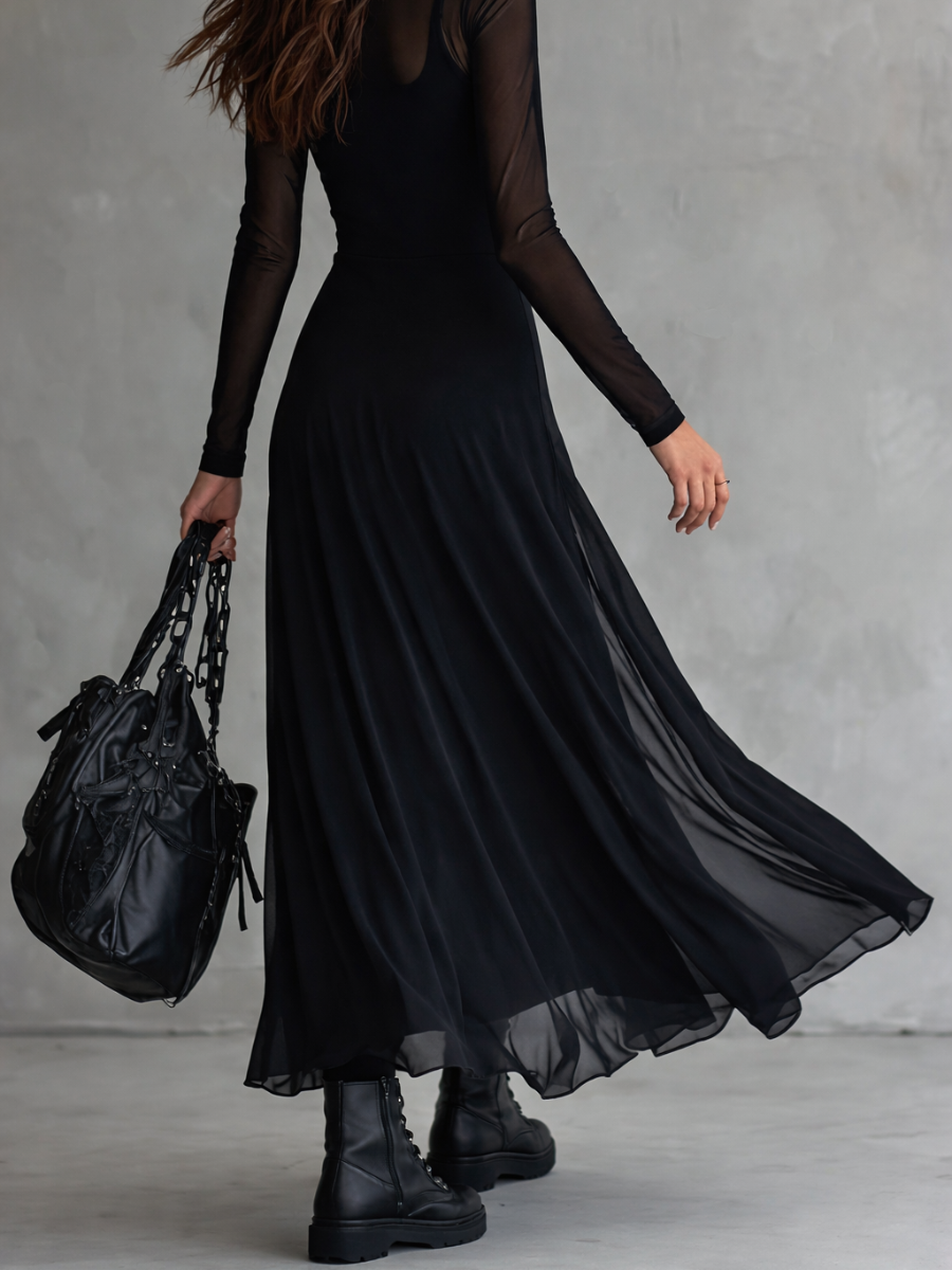 Vestido Maxi De Tul Negro Vintage Con Manga Transparente