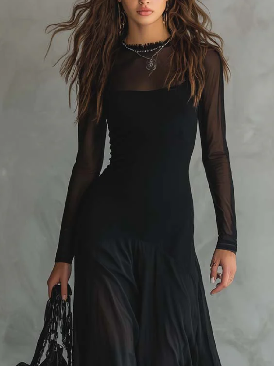 Vestido Maxi De Tul Negro Vintage Con Manga Transparente