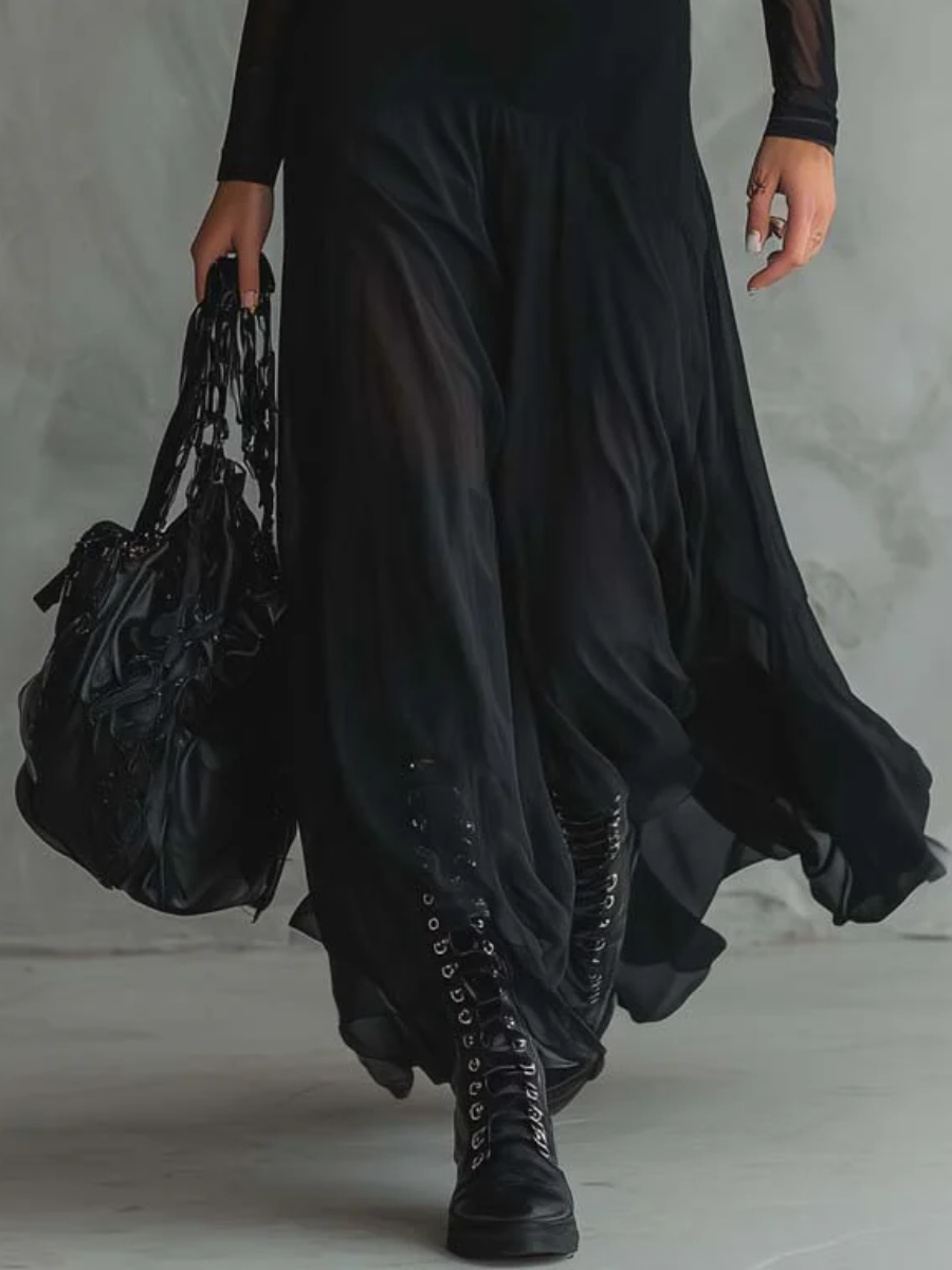 Vestido Maxi De Tul Negro Vintage Con Manga Transparente