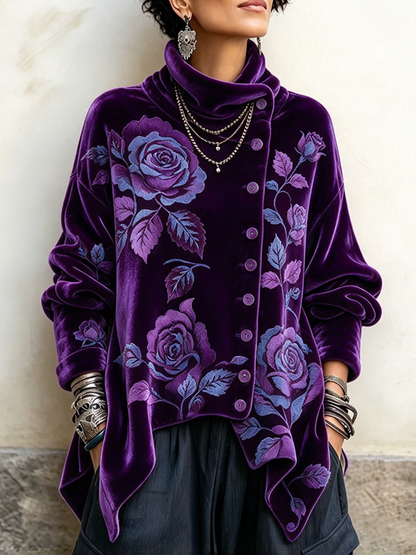 Jersey elegante de terciopelo con estampado de rosas, cuello asimétrico y botones