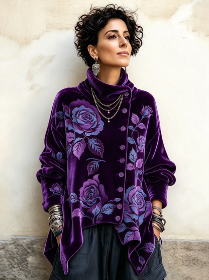 Jersey elegante de terciopelo con estampado de rosas, cuello asimétrico y botones