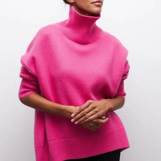 Jersey de Punto Trenzado Cómodo para Mujer con Cuello Alto, Manga Dolman y Estilo Oversize Relajado