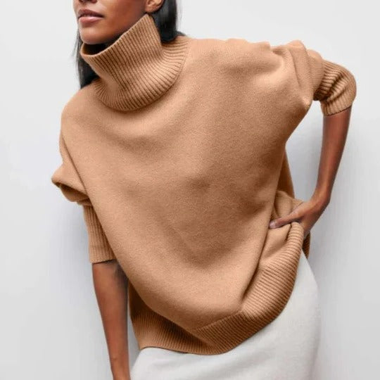 Jersey de Punto Trenzado Cómodo para Mujer con Cuello Alto, Manga Dolman y Estilo Oversize Relajado