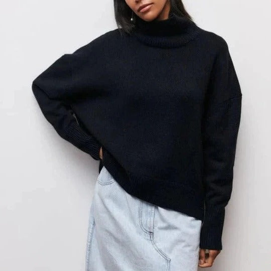 Jersey de Punto Trenzado Cómodo para Mujer con Cuello Alto, Manga Dolman y Estilo Oversize Relajado