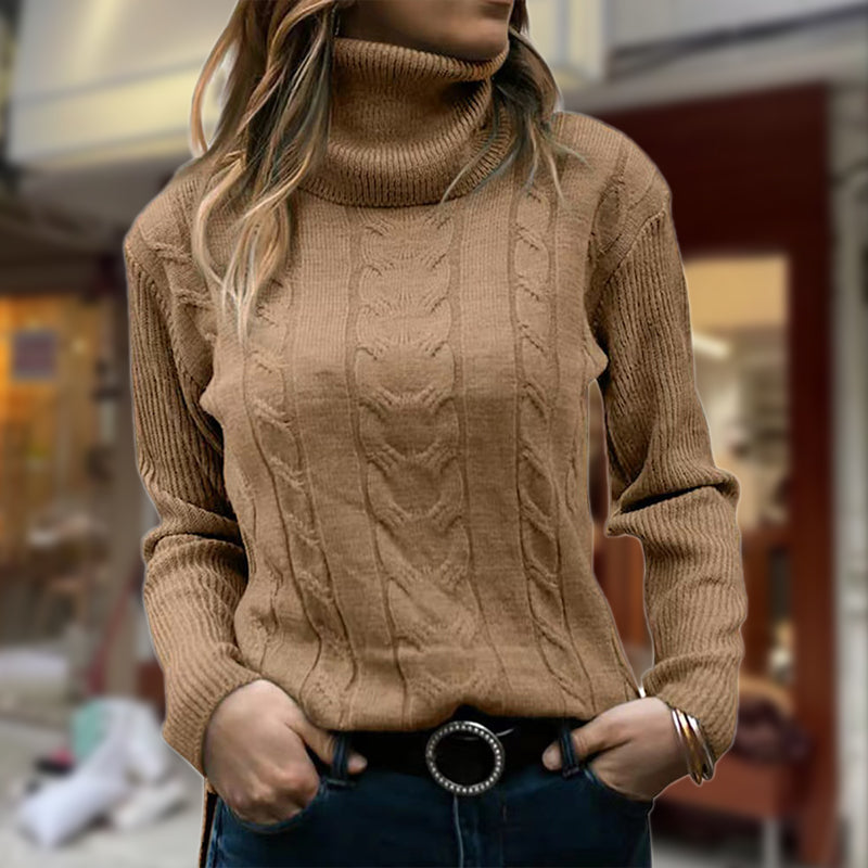 Sudadera de Punto Trenzado Cómoda para Mujer con Cuello Alto, Manga Larga, Acanalado y Estilo Entallado