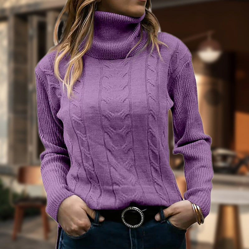 Sudadera de Punto Trenzado Cómoda para Mujer con Cuello Alto, Manga Larga, Acanalado y Estilo Entallado