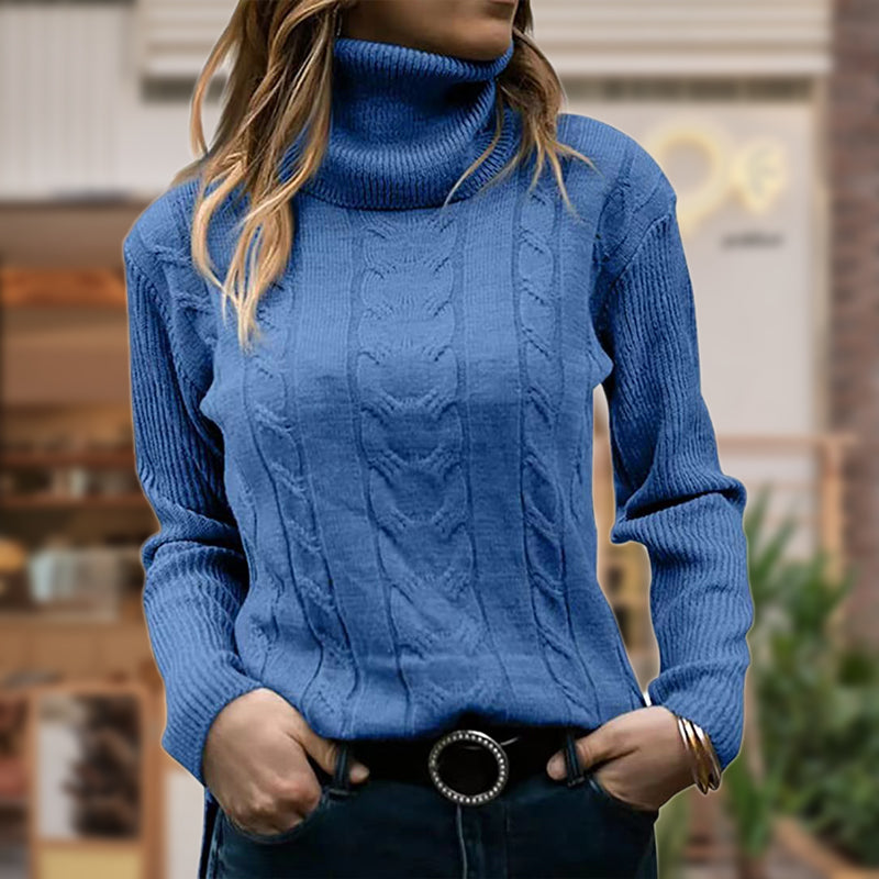 Sudadera de Punto Trenzado Cómoda para Mujer con Cuello Alto, Manga Larga, Acanalado y Estilo Entallado