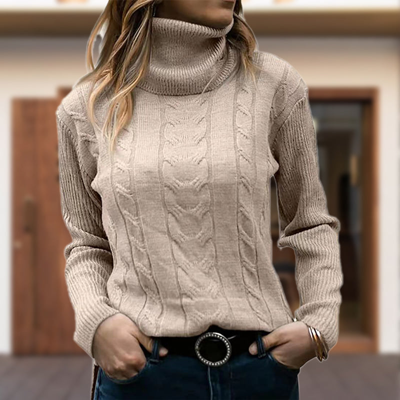 Sudadera de Punto Trenzado Cómoda para Mujer con Cuello Alto, Manga Larga, Acanalado y Estilo Entallado