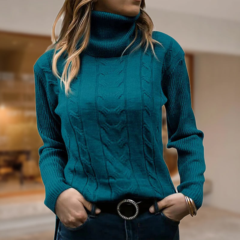 Sudadera de Punto Trenzado Cómoda para Mujer con Cuello Alto, Manga Larga, Acanalado y Estilo Entallado