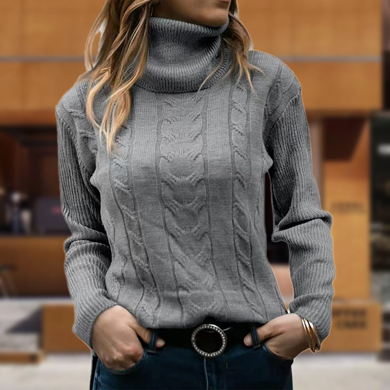 Sudadera de Punto Trenzado Cómoda para Mujer con Cuello Alto, Manga Larga, Acanalado y Estilo Entallado