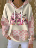 Sudadera con Capucha Beige de Patchwork de Calabazas para Mujer con Cordón, Manga Larga y Estilo Oversize de Otoño