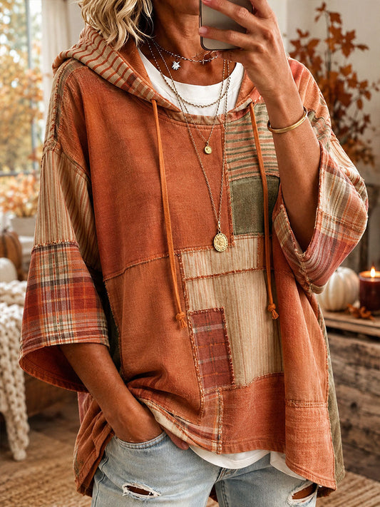 Sorina | Sudadera oversize con capucha de patchwork en tonos otoñales