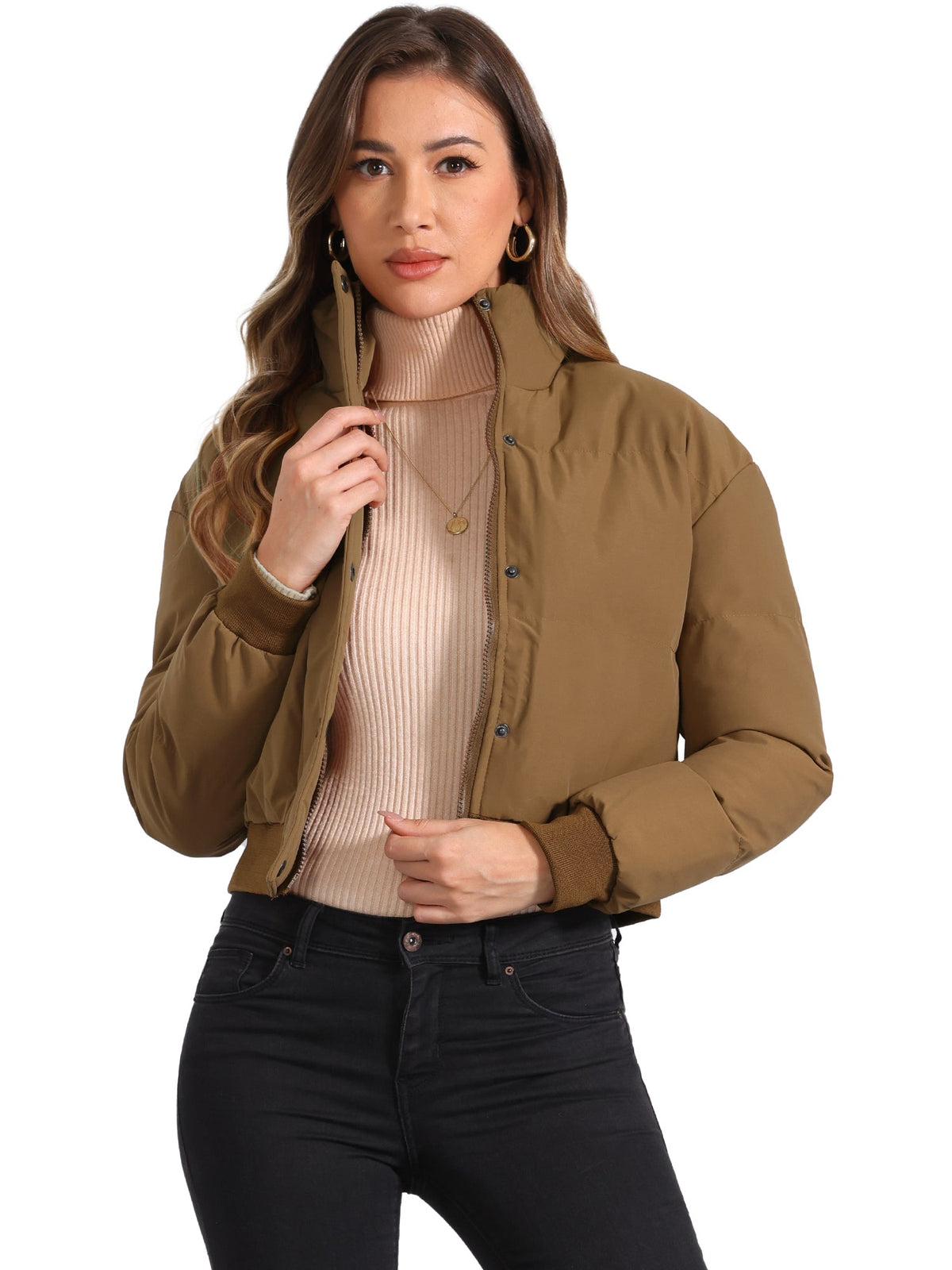 Chaqueta bomber desenfadada para mujer con cierre frontal de cremallera, cuello alto, diseño acolchado y estilo corto