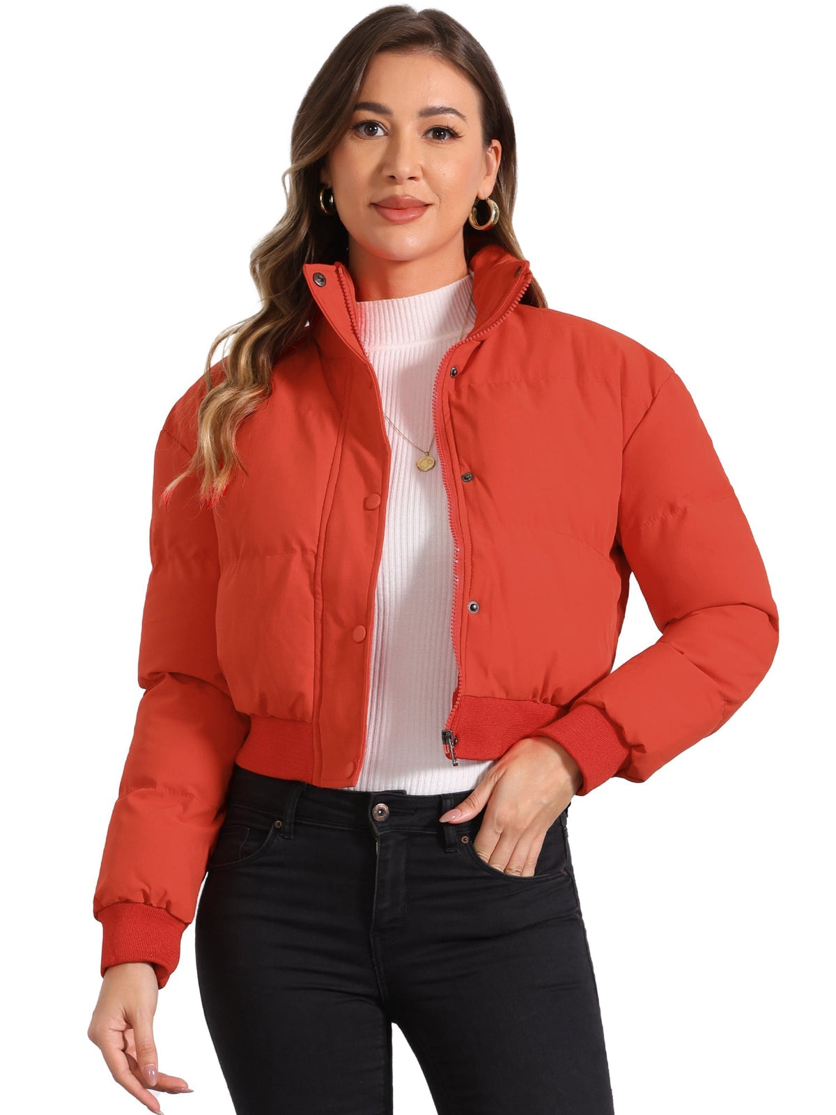 Chaqueta bomber desenfadada para mujer con cierre frontal de cremallera, cuello alto, diseño acolchado y estilo corto
