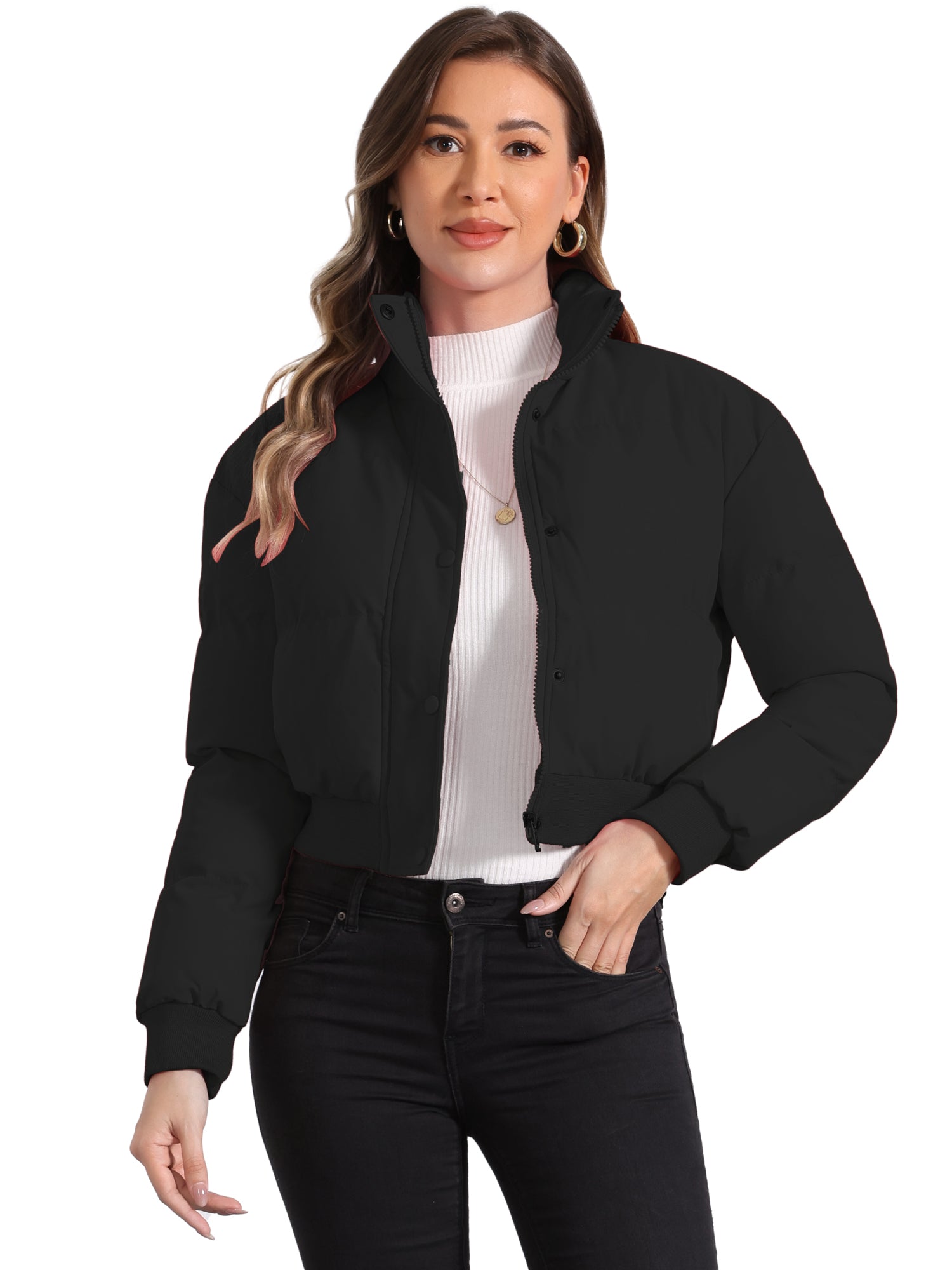 Chaqueta bomber desenfadada para mujer con cierre frontal de cremallera, cuello alto, diseño acolchado y estilo corto