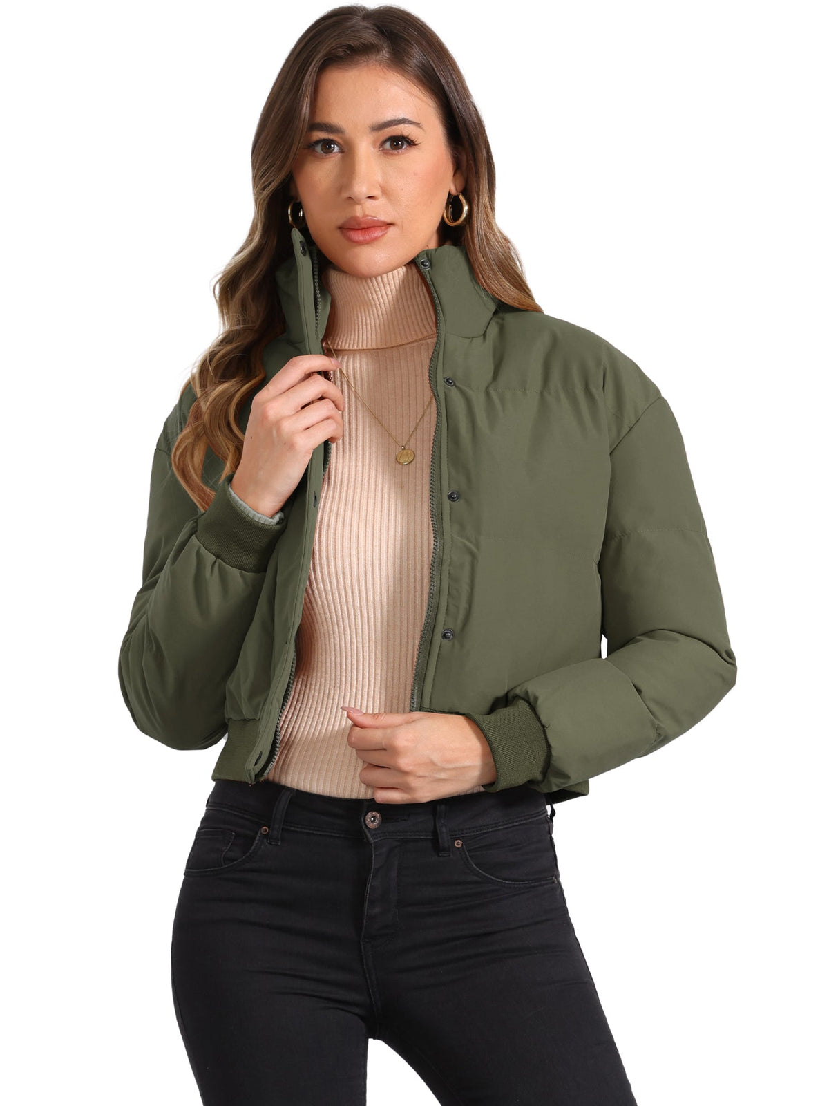 Chaqueta bomber desenfadada para mujer con cierre frontal de cremallera, cuello alto, diseño acolchado y estilo corto
