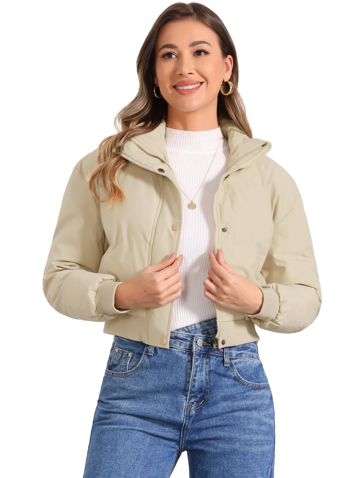 Chaqueta bomber desenfadada para mujer con cierre frontal de cremallera, cuello alto, diseño acolchado y estilo corto