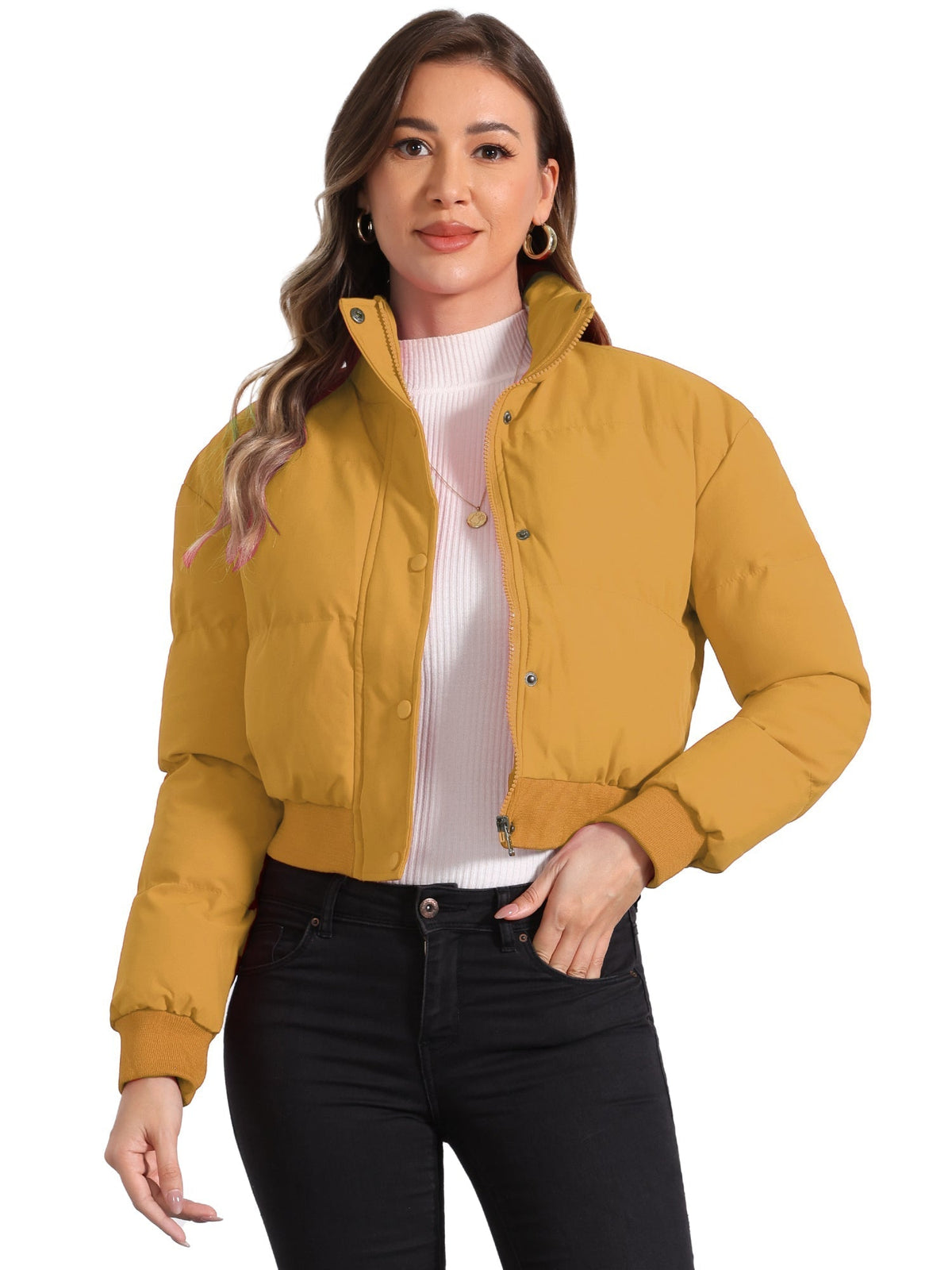Chaqueta bomber desenfadada para mujer con cierre frontal de cremallera, cuello alto, diseño acolchado y estilo corto