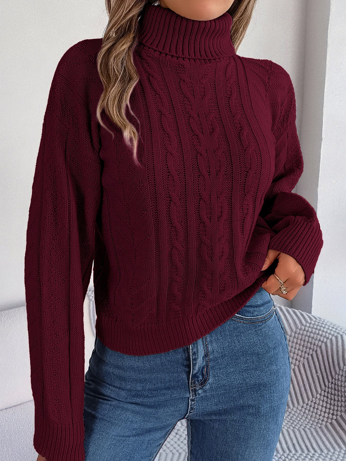 Sudadera sin Esfuerzo para Mujer con Cuello Alto de Punto Trenzado y Manga Larga