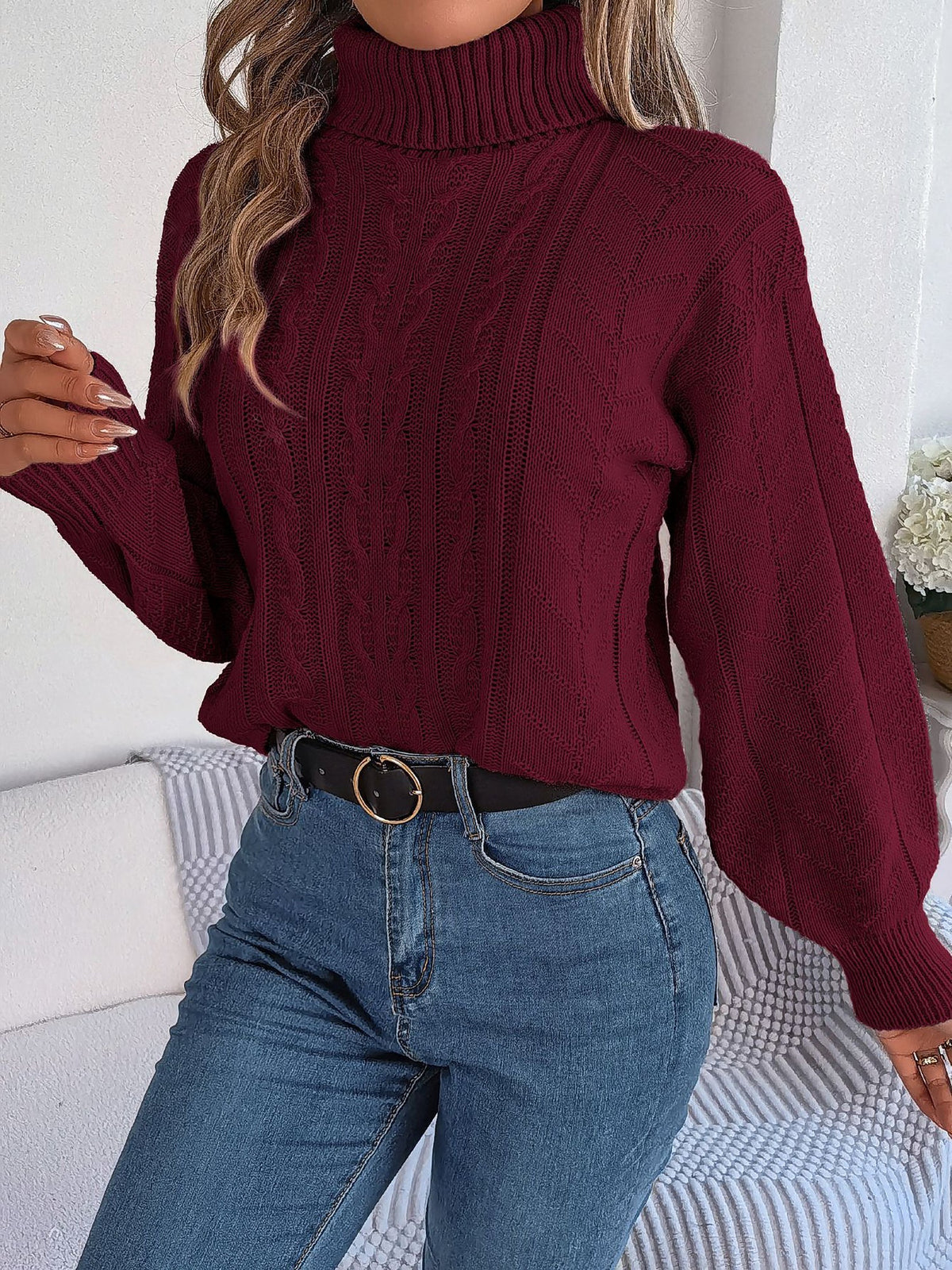 Sudadera sin Esfuerzo para Mujer con Cuello Alto de Punto Trenzado y Manga Larga