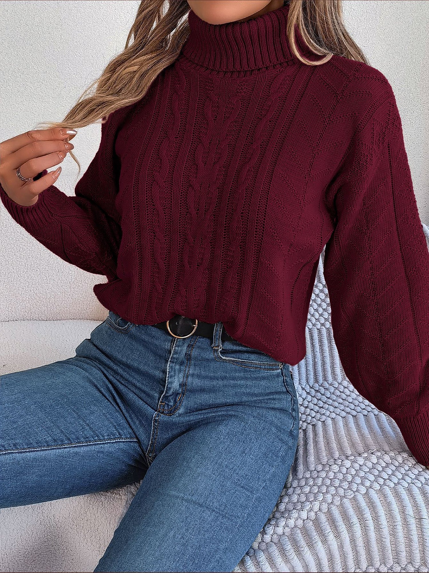 Sudadera sin Esfuerzo para Mujer con Cuello Alto de Punto Trenzado y Manga Larga