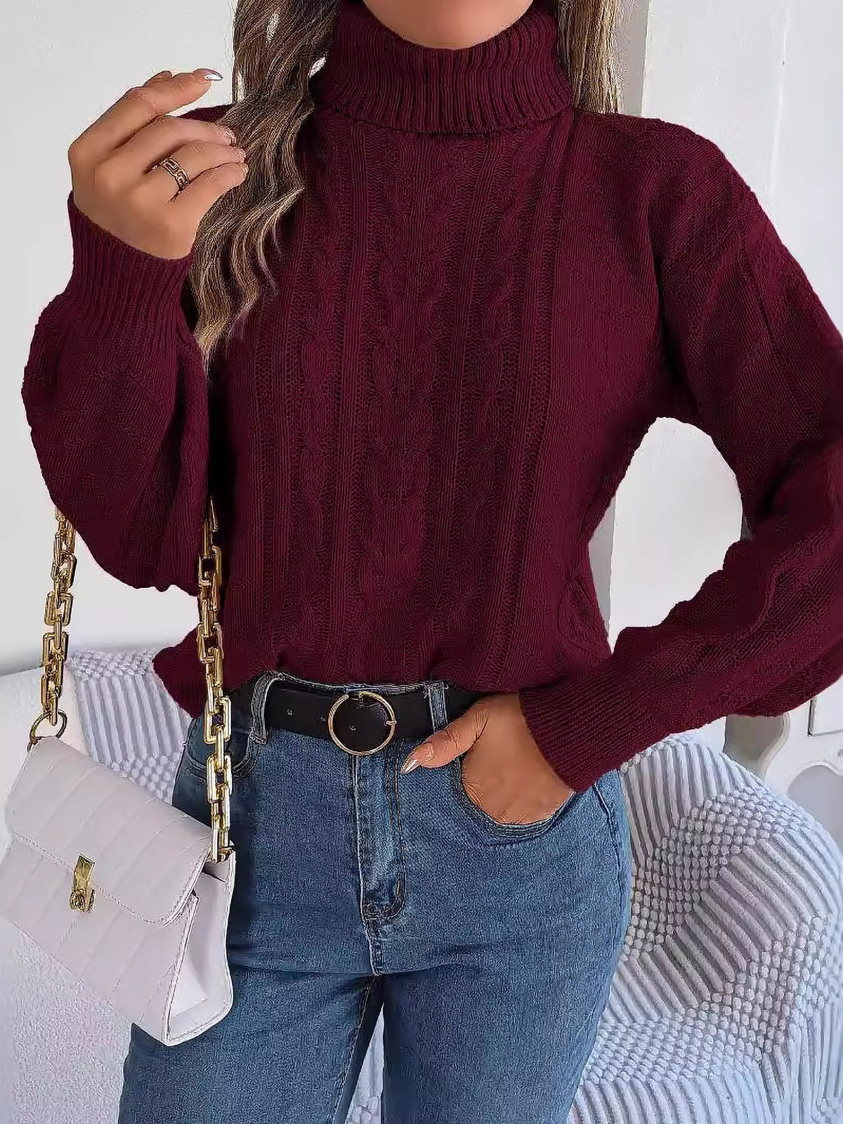 Sudadera sin Esfuerzo para Mujer con Cuello Alto de Punto Trenzado y Manga Larga