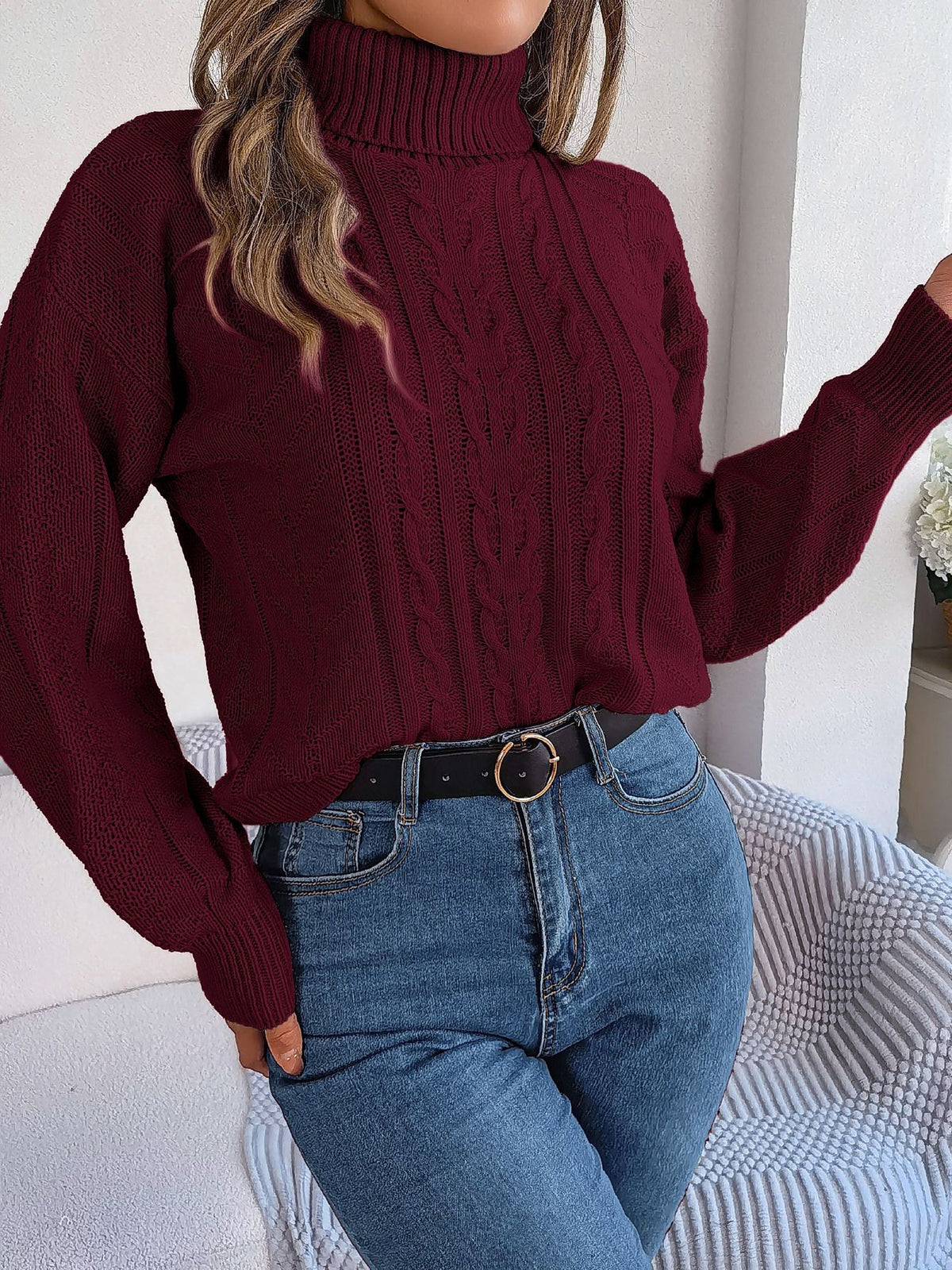Sudadera sin Esfuerzo para Mujer con Cuello Alto de Punto Trenzado y Manga Larga