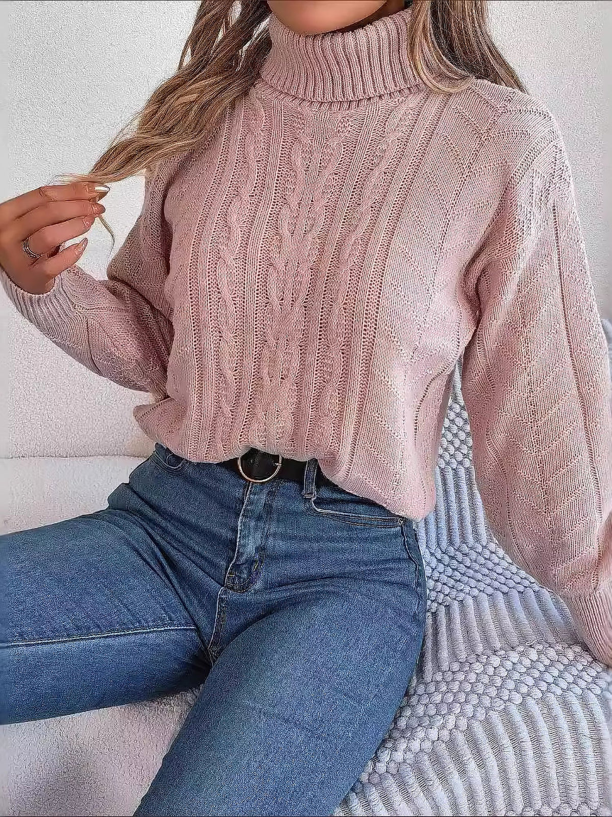 Sudadera sin Esfuerzo para Mujer con Cuello Alto de Punto Trenzado y Manga Larga