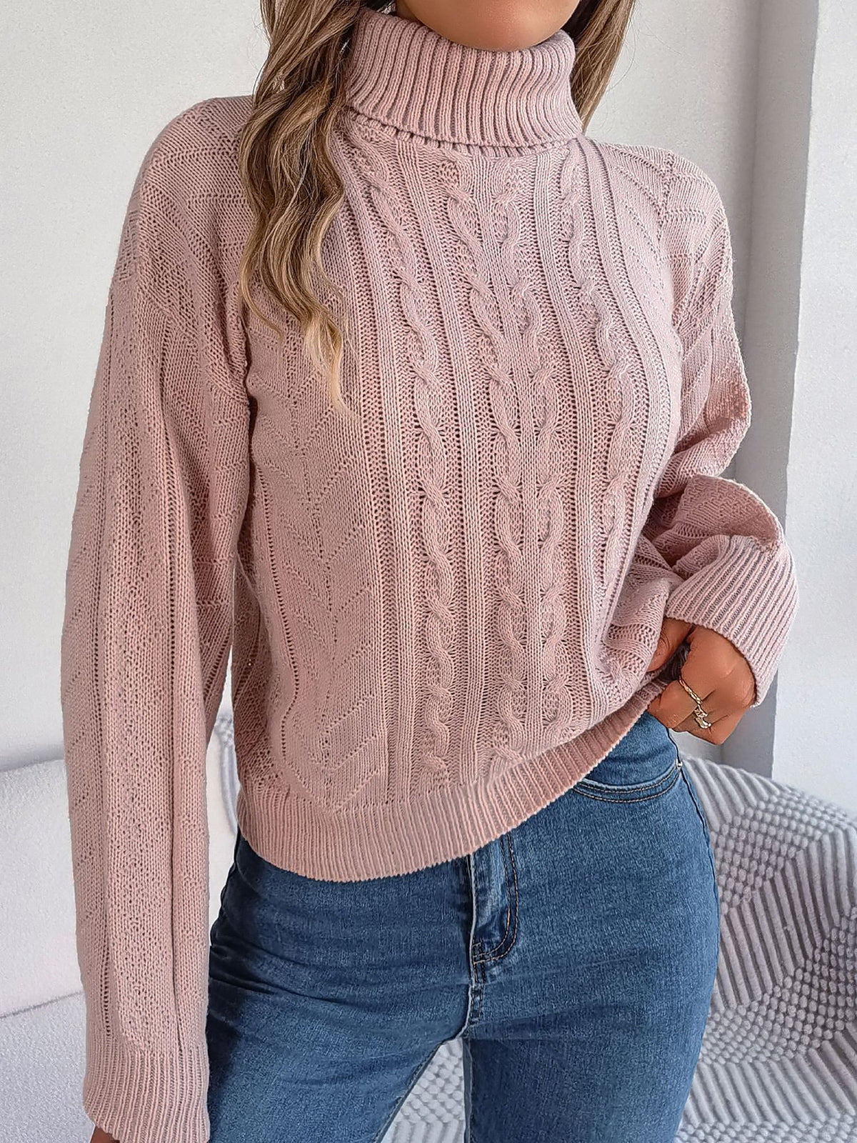 Sudadera sin Esfuerzo para Mujer con Cuello Alto de Punto Trenzado y Manga Larga