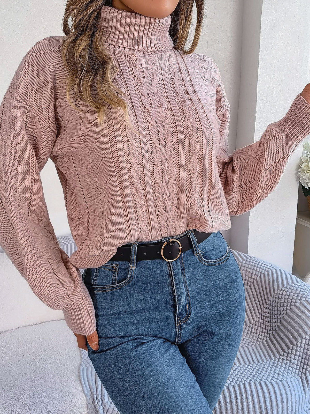 Sudadera sin Esfuerzo para Mujer con Cuello Alto de Punto Trenzado y Manga Larga