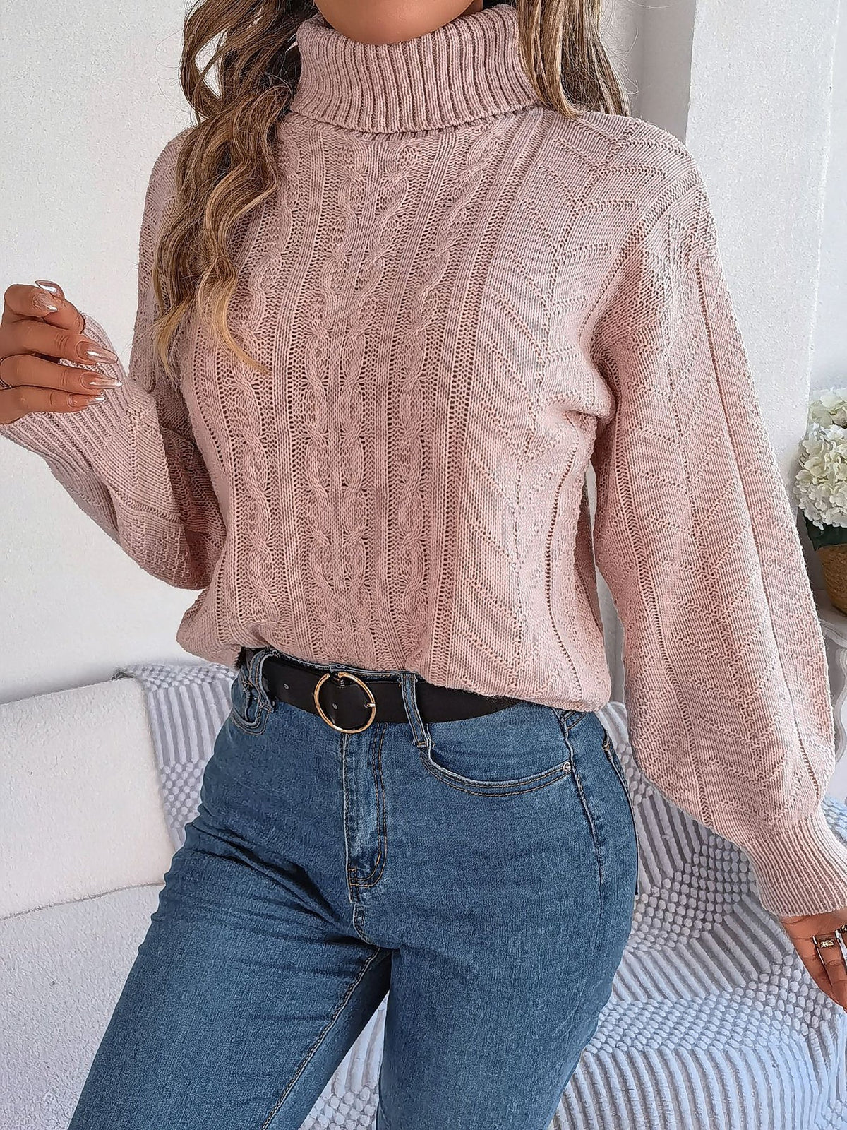 Sudadera sin Esfuerzo para Mujer con Cuello Alto de Punto Trenzado y Manga Larga