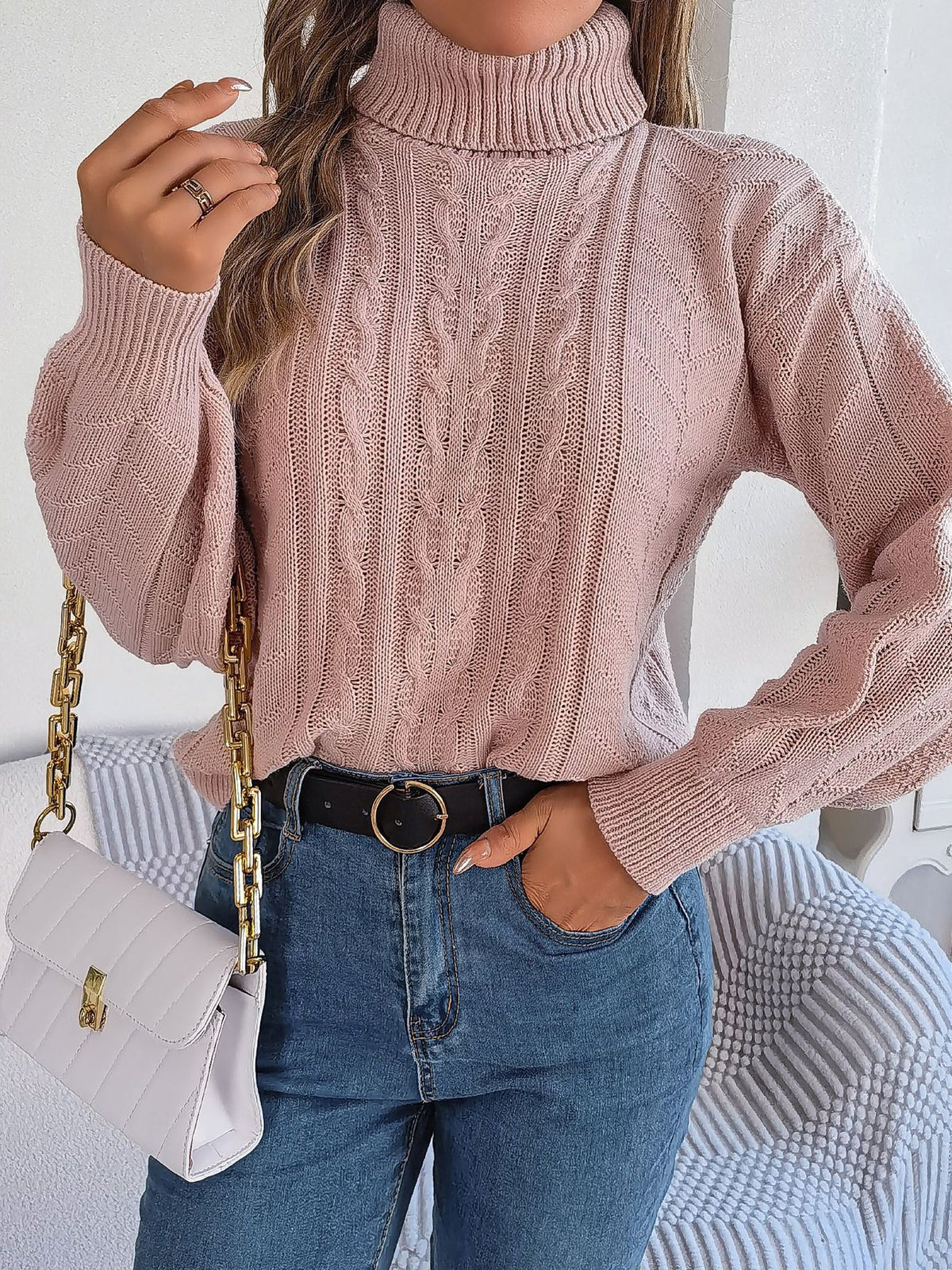 Sudadera sin Esfuerzo para Mujer con Cuello Alto de Punto Trenzado y Manga Larga