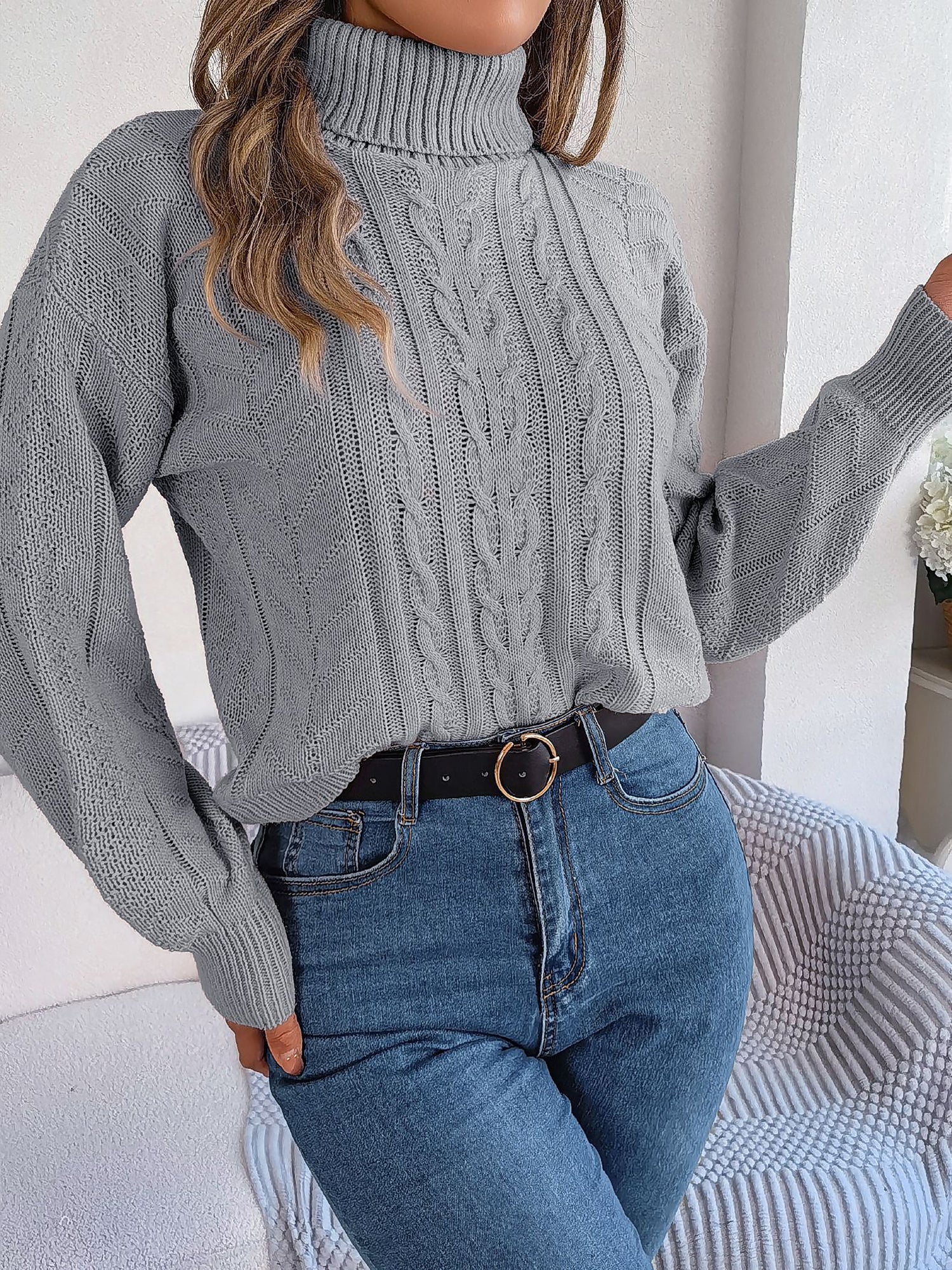 Sudadera sin Esfuerzo para Mujer con Cuello Alto de Punto Trenzado y Manga Larga
