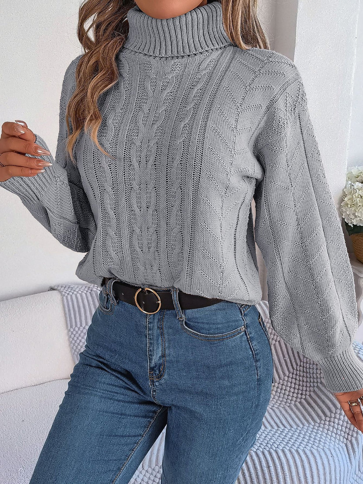 Sudadera sin Esfuerzo para Mujer con Cuello Alto de Punto Trenzado y Manga Larga