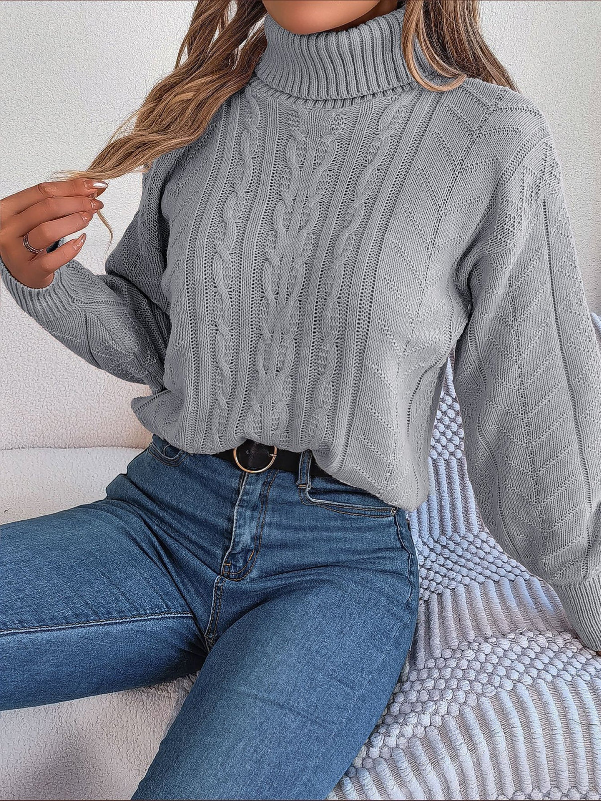 Sudadera sin Esfuerzo para Mujer con Cuello Alto de Punto Trenzado y Manga Larga