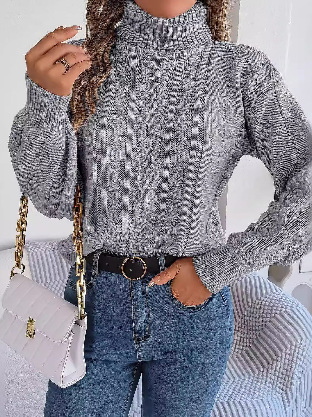 Sudadera sin Esfuerzo para Mujer con Cuello Alto de Punto Trenzado y Manga Larga