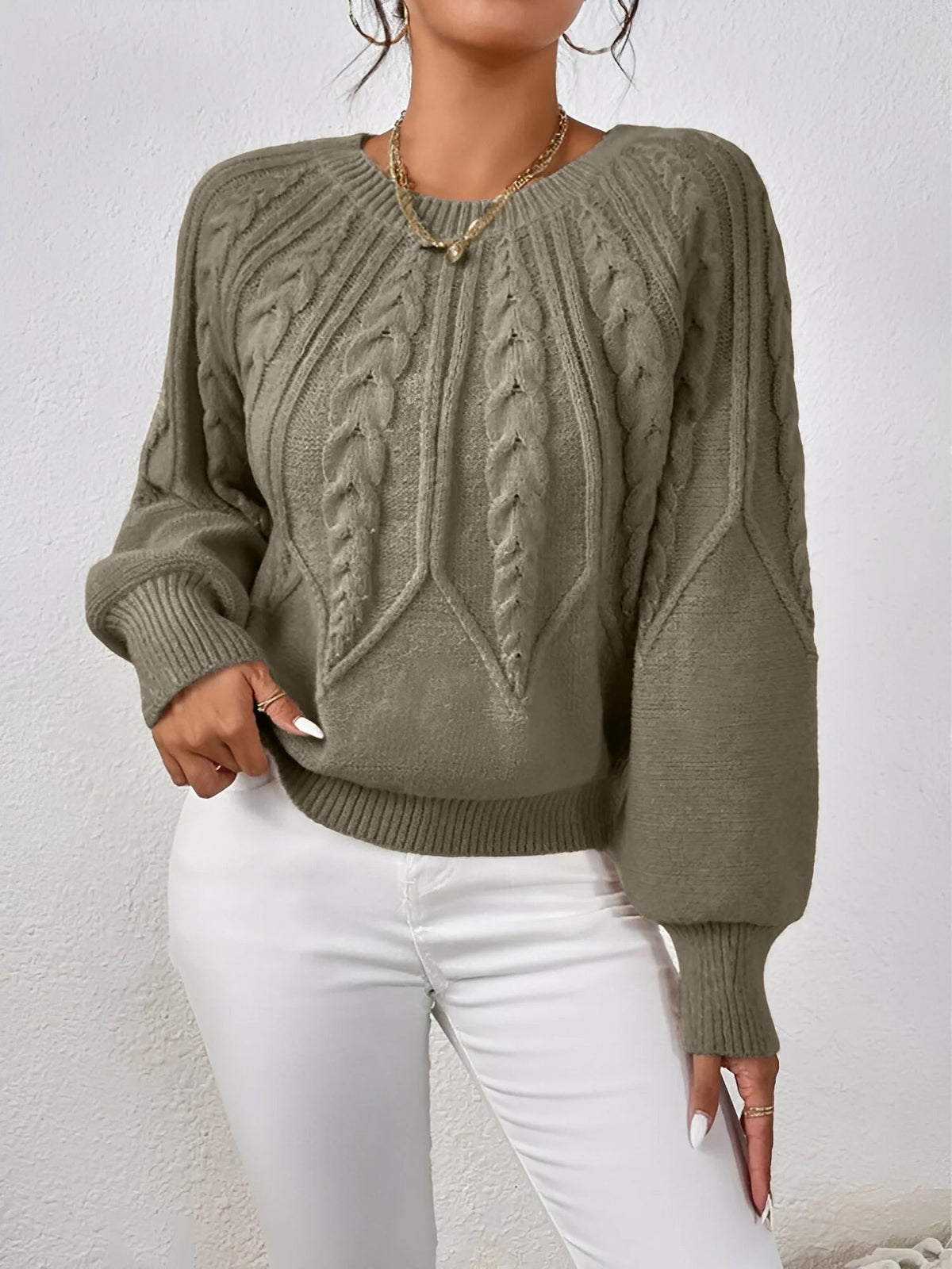 Jersey de Punto Trenzado Cómodo para Mujer con Cuello en V, Manga Globo y Estilo Oversize