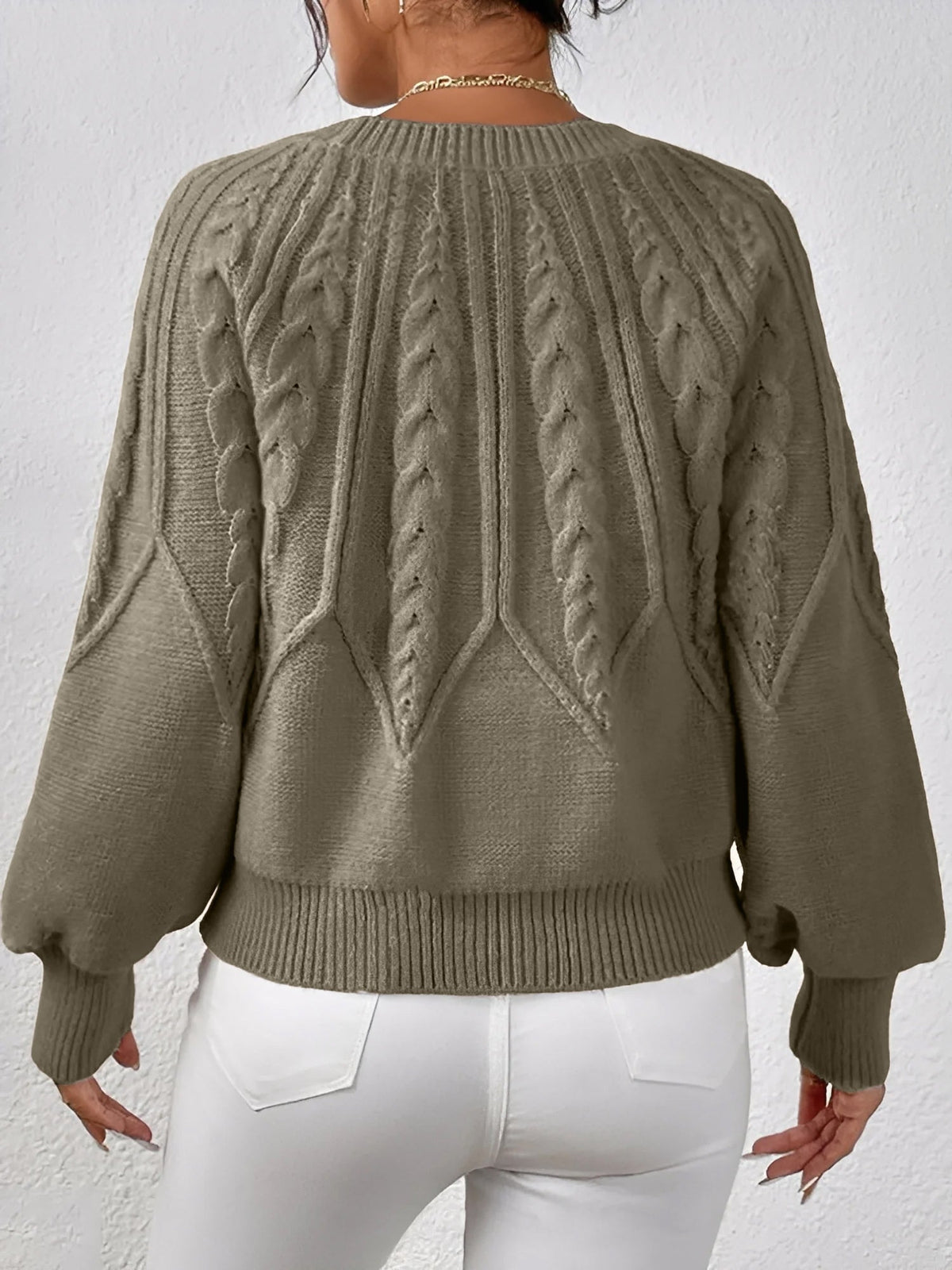 Jersey de Punto Trenzado Cómodo para Mujer con Cuello en V, Manga Globo y Estilo Oversize