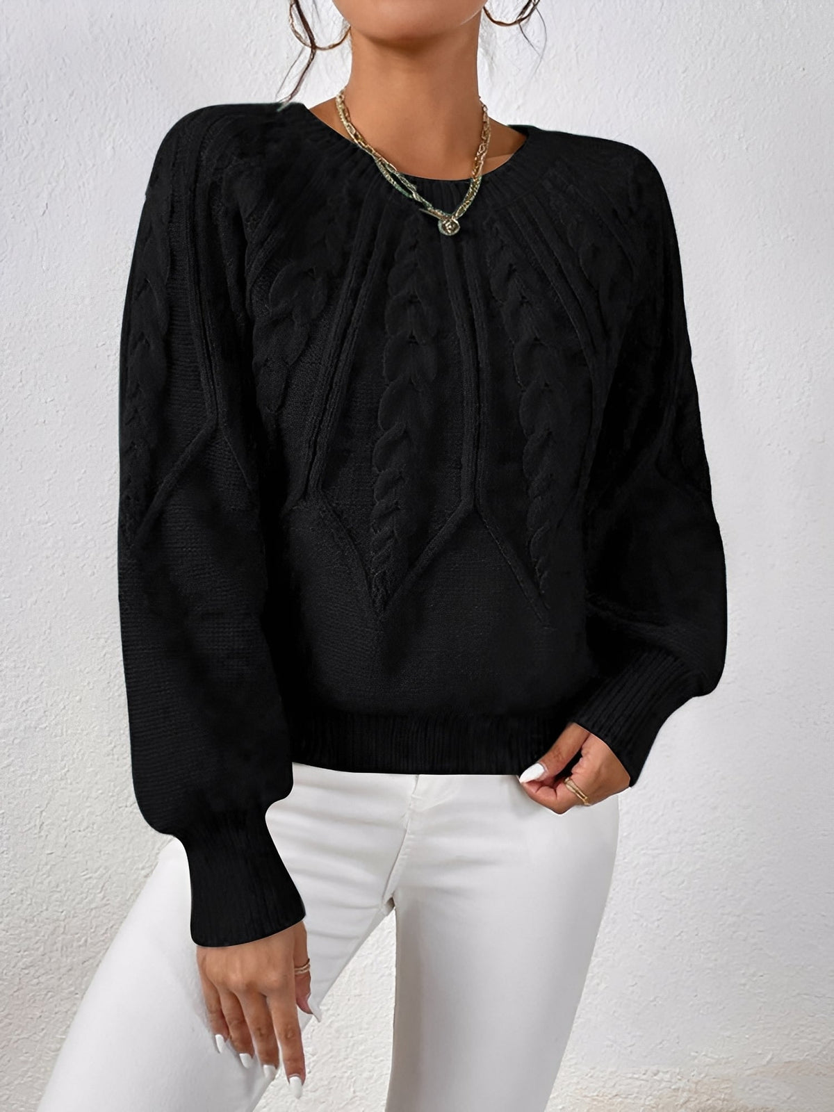Jersey de Punto Trenzado Cómodo para Mujer con Cuello en V, Manga Globo y Estilo Oversize