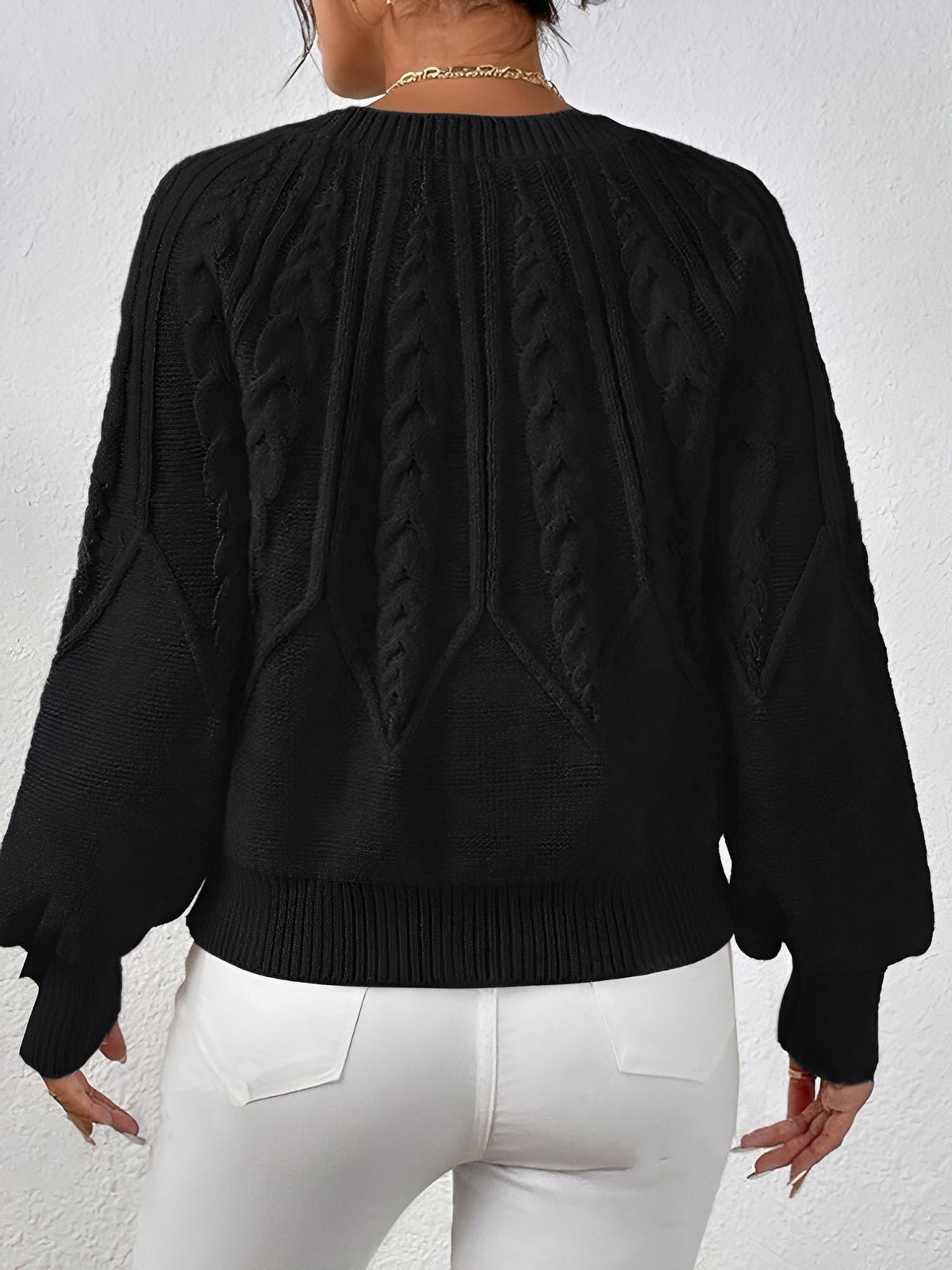 Jersey de Punto Trenzado Cómodo para Mujer con Cuello en V, Manga Globo y Estilo Oversize