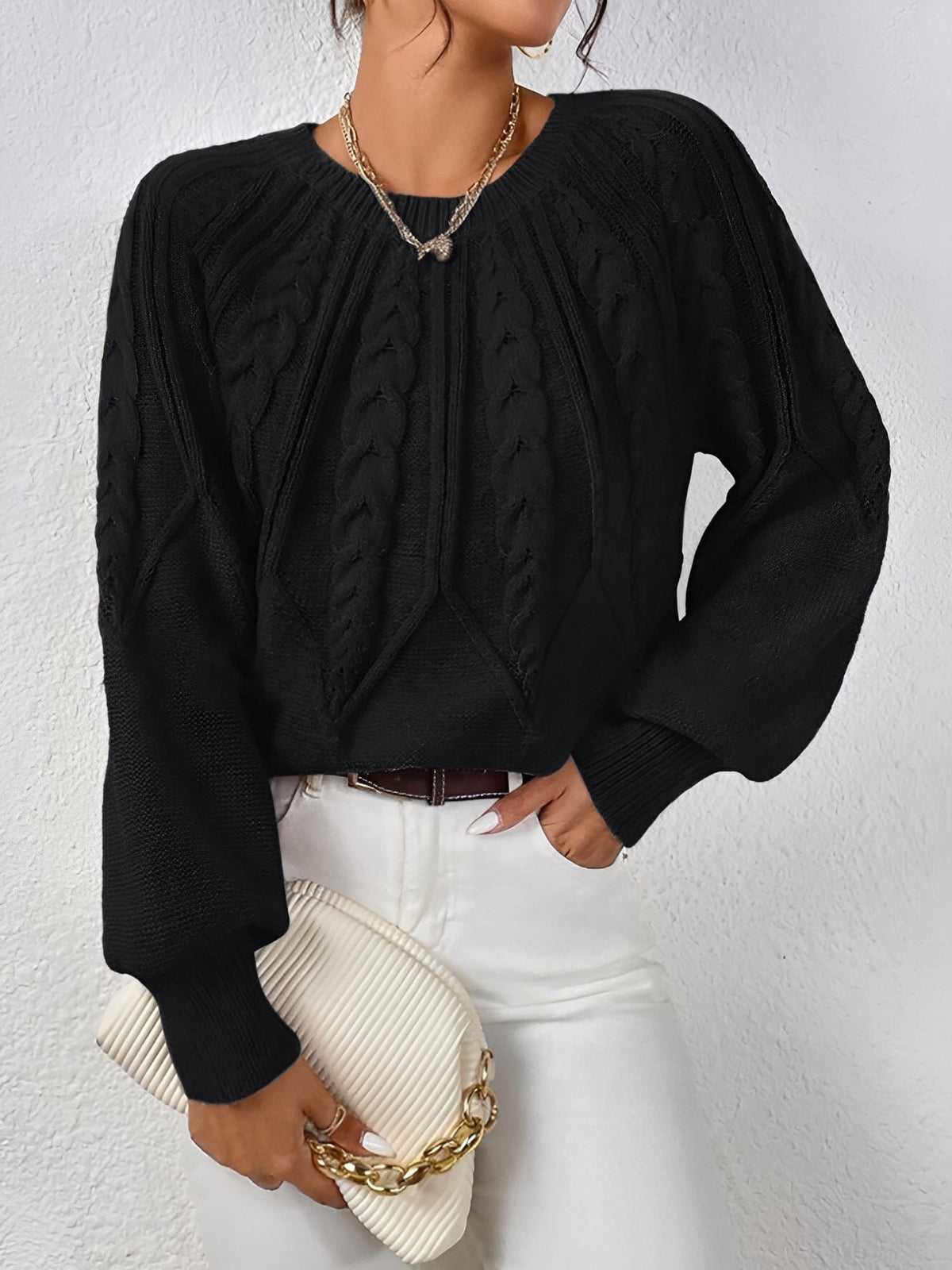 Jersey de Punto Trenzado Cómodo para Mujer con Cuello en V, Manga Globo y Estilo Oversize