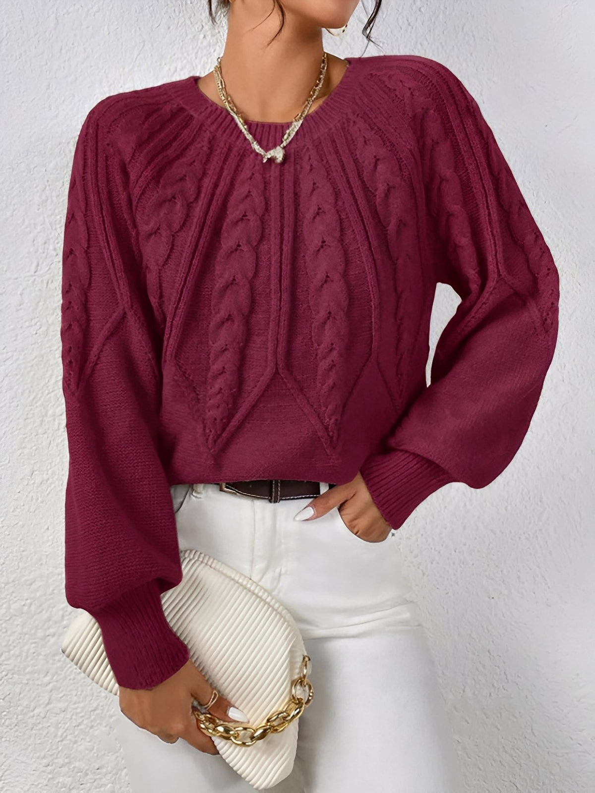Jersey de Punto Trenzado Cómodo para Mujer con Cuello en V, Manga Globo y Estilo Oversize