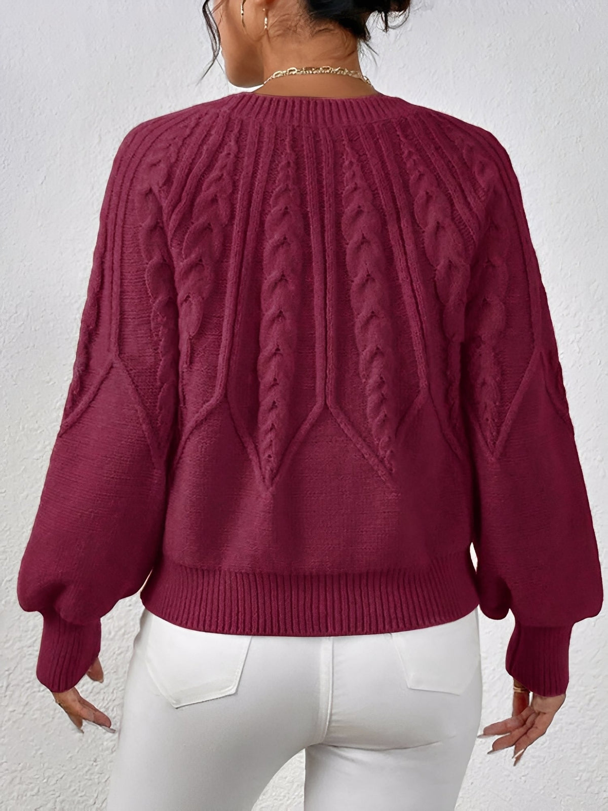 Jersey de Punto Trenzado Cómodo para Mujer con Cuello en V, Manga Globo y Estilo Oversize