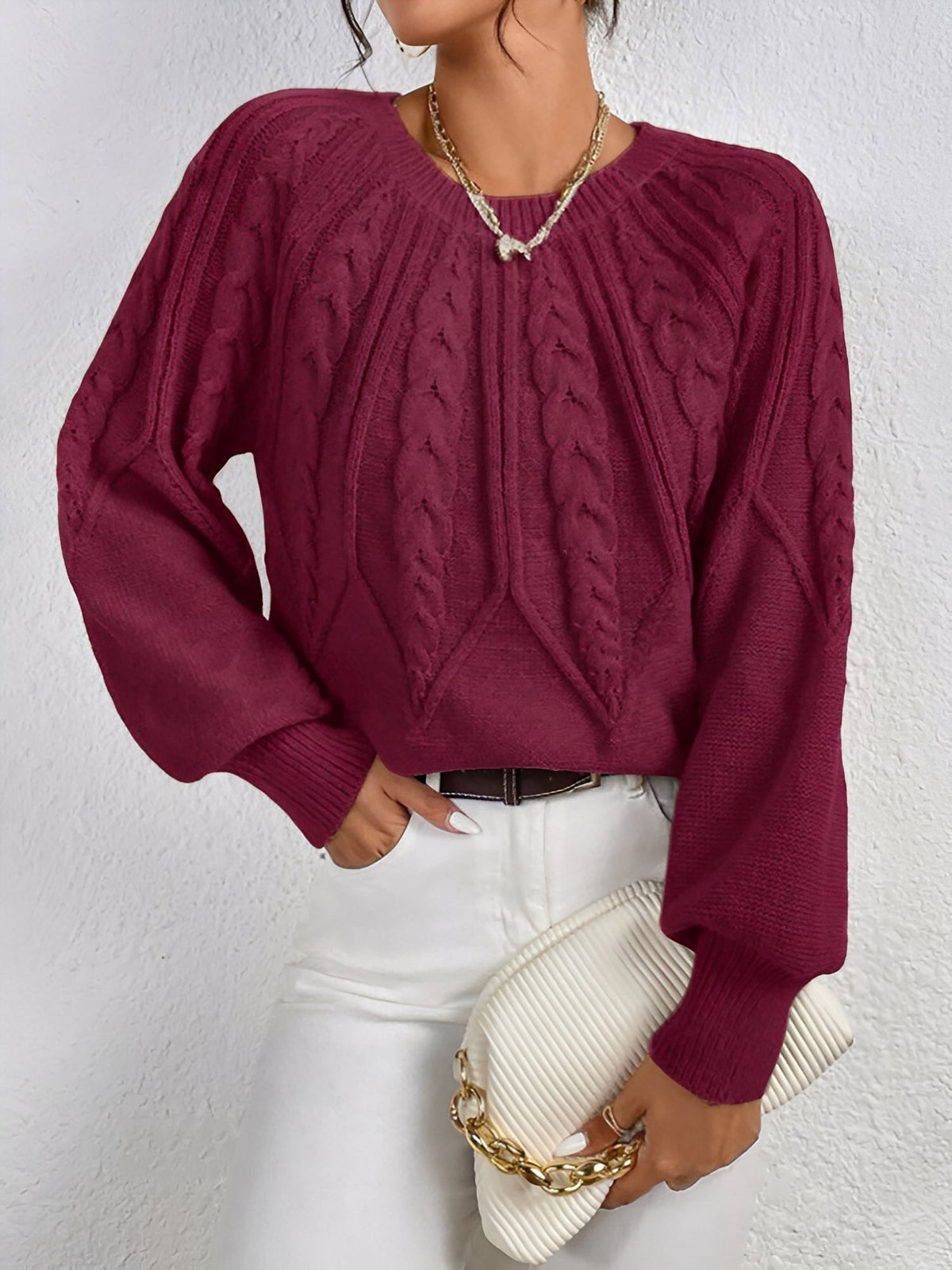 Jersey de Punto Trenzado Cómodo para Mujer con Cuello en V, Manga Globo y Estilo Oversize