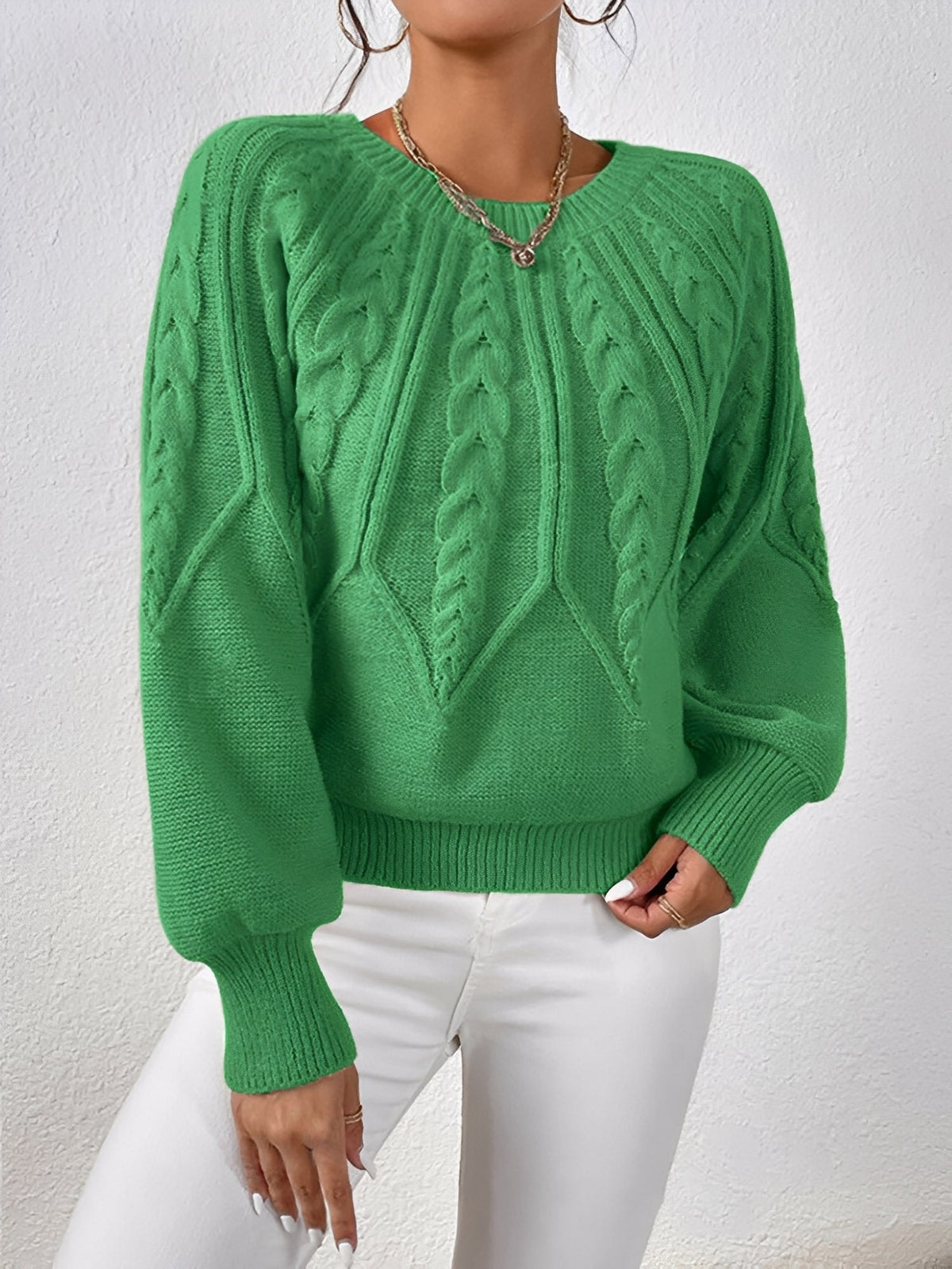 Jersey de Punto Trenzado Cómodo para Mujer con Cuello en V, Manga Globo y Estilo Oversize