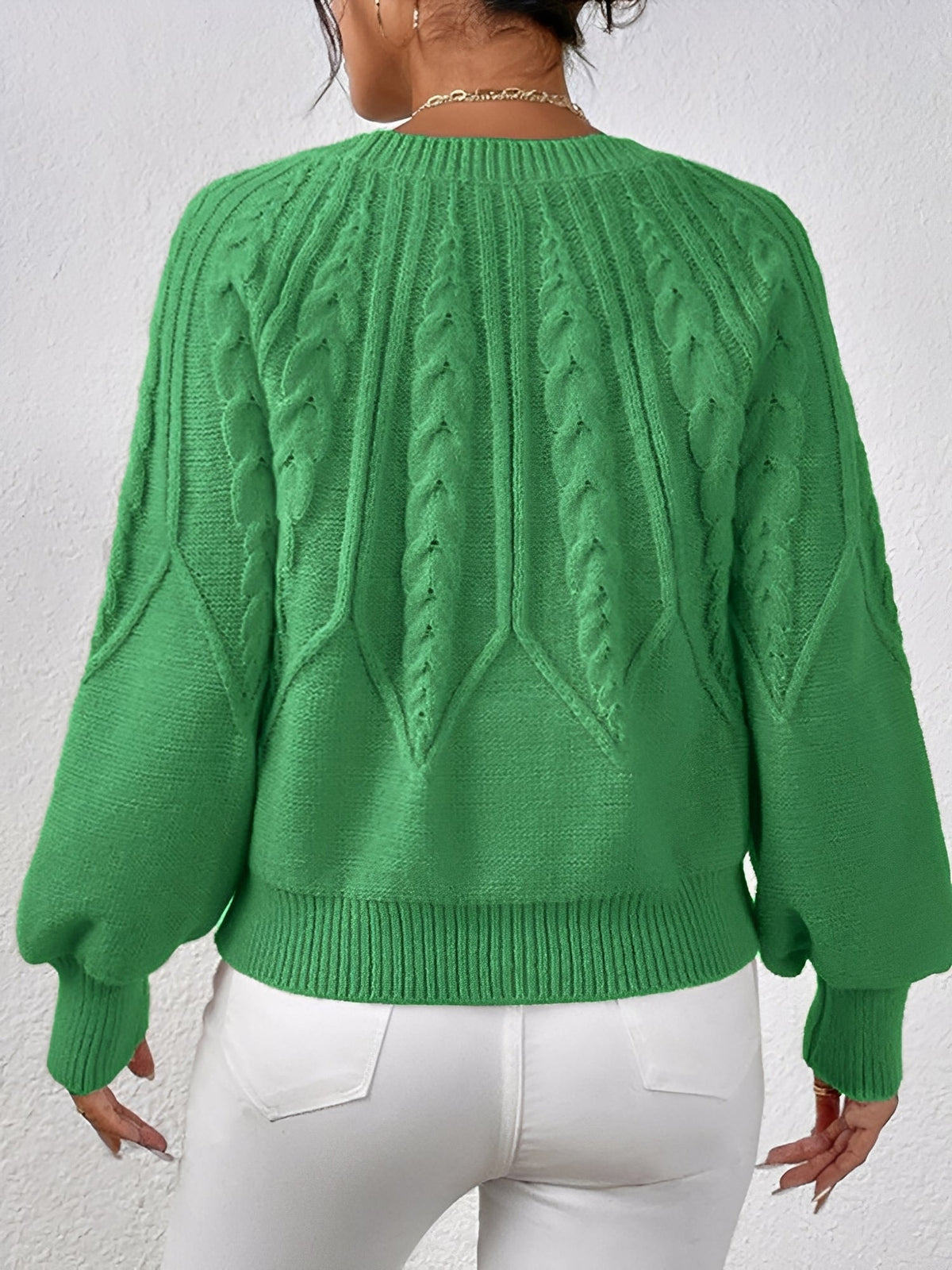 Jersey de Punto Trenzado Cómodo para Mujer con Cuello en V, Manga Globo y Estilo Oversize