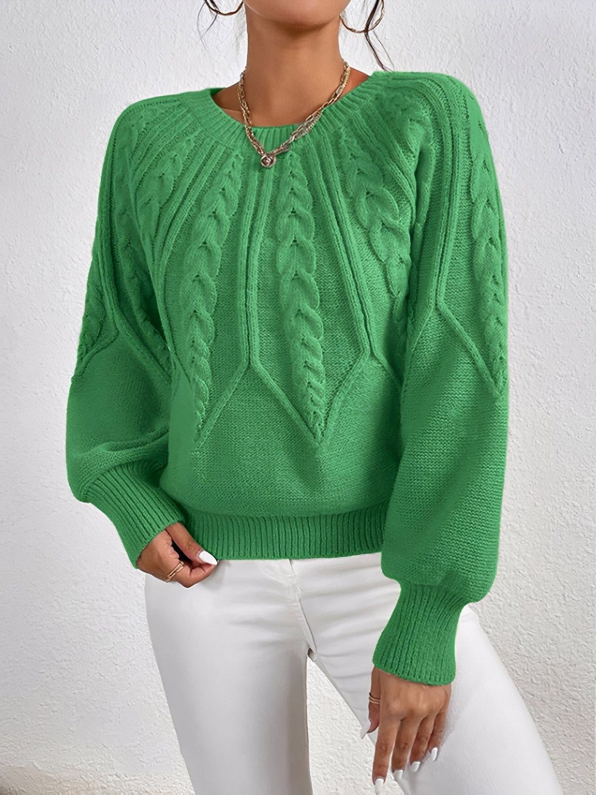 Jersey de Punto Trenzado Cómodo para Mujer con Cuello en V, Manga Globo y Estilo Oversize